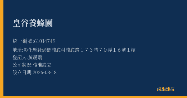 皇谷養蜂園的照片-統編 61014749(彰化縣) 公司登記資料與營業項目詳細圖表