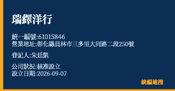 瑞繹洋行的照片-統編 61015846(彰化縣) 公司登記資料與營業項目詳細圖表