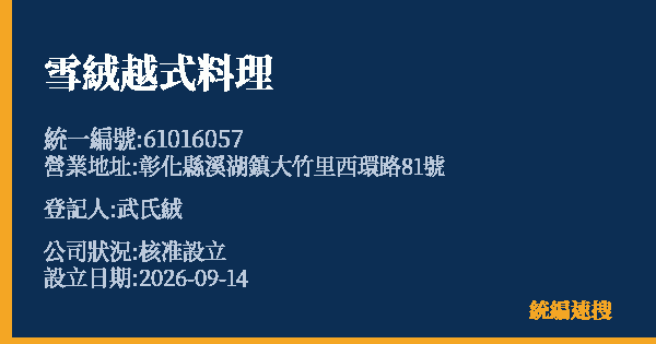 雪絨越式料理的照片-統編 61016057(彰化縣) 公司登記資料與營業項目詳細圖表