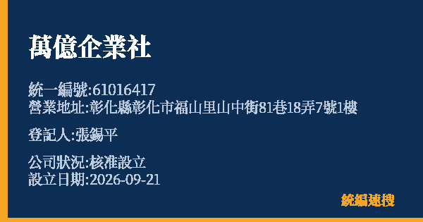萬億企業社的照片-統編 61016417(彰化縣) 公司登記資料與營業項目詳細圖表
