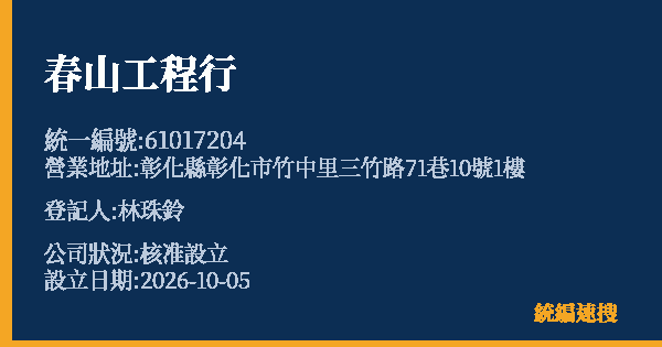 春山工程行的照片-統編 61017204(彰化縣) 公司登記資料與營業項目詳細圖表