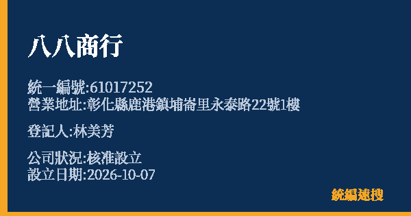 八八商行的照片-統編 61017252(彰化縣) 公司登記資料與營業項目詳細圖表