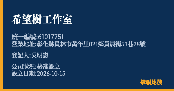 希望樹工作室的照片-統編 61017751(彰化縣) 公司登記資料與營業項目詳細圖表