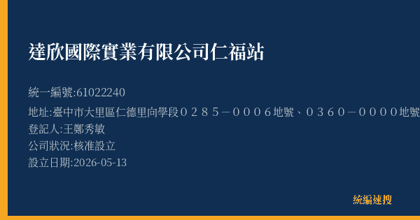 達欣國際實業有限公司仁福站的照片-統編 61022240(臺中市) 公司登記資料與營業項目詳細圖表