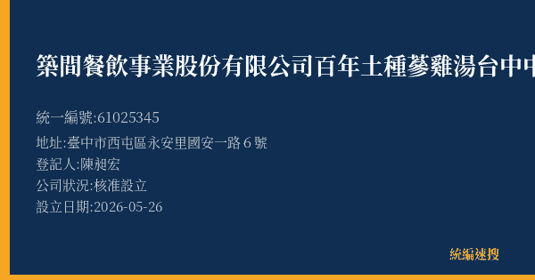 築間餐飲事業股份有限公司百年土種蔘雞湯台中中科營業所的照片-統編 61025345(臺中市) 公司登記資料與營業項目詳細圖表