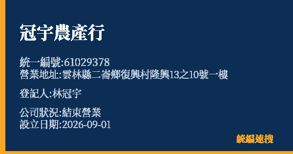冠宇農產行的照片-統編 61029378 公司登記資料與營業項目詳細圖表