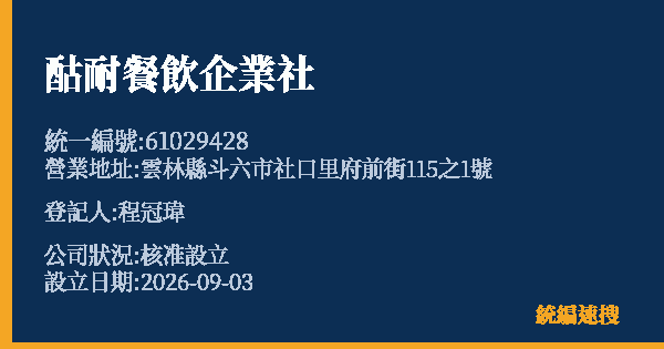 酤耐餐飲企業社的照片-統編 61029428(雲林縣) 公司登記資料與營業項目詳細圖表