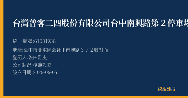 台灣普客二四股份有限公司台中南興路第2停車場的照片-統編 61031938(臺中市) 公司登記資料與營業項目詳細圖表