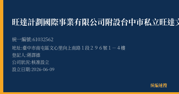 旺達計劃國際事業有限公司附設台中市私立旺達文理短期補習班的照片-統編 61032562(臺中市) 公司登記資料與營業項目詳細圖表