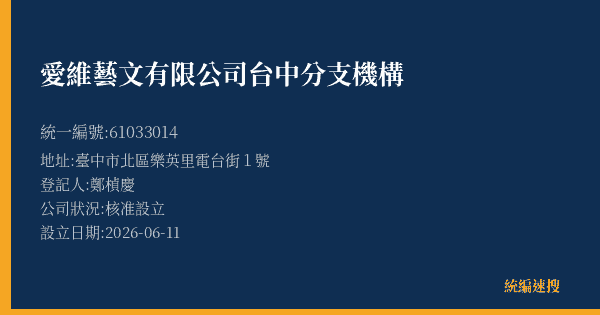 愛維藝文有限公司台中分支機構的照片-統編 61033014(臺中市) 公司登記資料與營業項目詳細圖表
