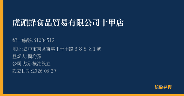 虎頭蜂食品貿易有限公司十甲店的照片-統編 61034512(臺中市) 公司登記資料與營業項目詳細圖表