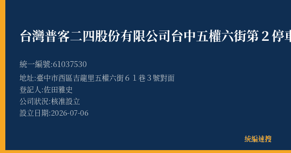 台灣普客二四股份有限公司台中五權六街第2停車場的照片-統編 61037530(臺中市) 公司登記資料與營業項目詳細圖表