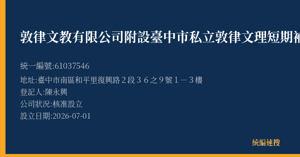 敦律文教有限公司附設臺中市私立敦律文理短期補習班的照片-統編 61037546(臺中市) 公司登記資料與營業項目詳細圖表