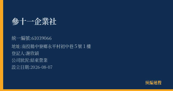 參十一企業社的照片-統編 61039066(南投縣) 公司登記資料與營業項目詳細圖表