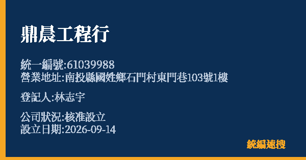 鼎晨工程行的照片-統編 61039988(南投縣) 公司登記資料與營業項目詳細圖表