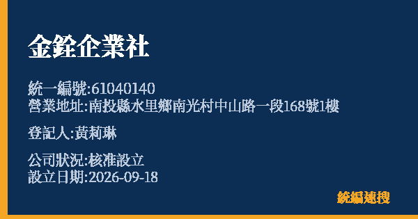 金銓企業社的照片-統編 61040140(南投縣) 公司登記資料與營業項目詳細圖表