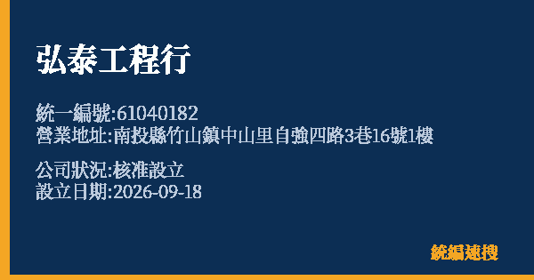 弘泰工程行的照片-統編 61040182(南投縣) 公司登記資料與營業項目詳細圖表