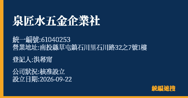 泉匠水五金企業社的照片-統編 61040253(南投縣) 公司登記資料與營業項目詳細圖表