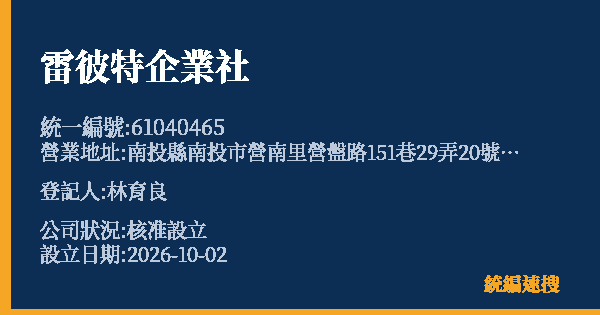 雷彼特企業社的照片-統編 61040465(南投縣) 公司登記資料與營業項目詳細圖表