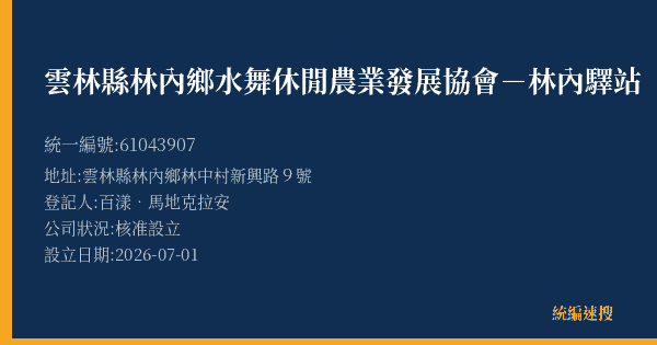 雲林縣林內鄉水舞休閒農業發展協會-林內驛站的照片-統編 61043907 公司登記資料與營業項目詳細圖表