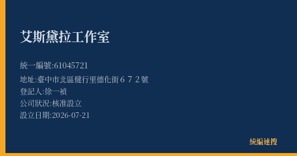 艾斯黛拉工作室的照片-統編 61045721(臺中市) 公司登記資料與營業項目詳細圖表