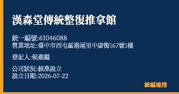 漢森堂傳統整復推拿館的照片-統編 61046088 公司登記資料與營業項目詳細圖表