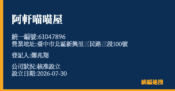 阿軒喵喵屋的照片-統編 61047896(臺中市) 公司登記資料與營業項目詳細圖表