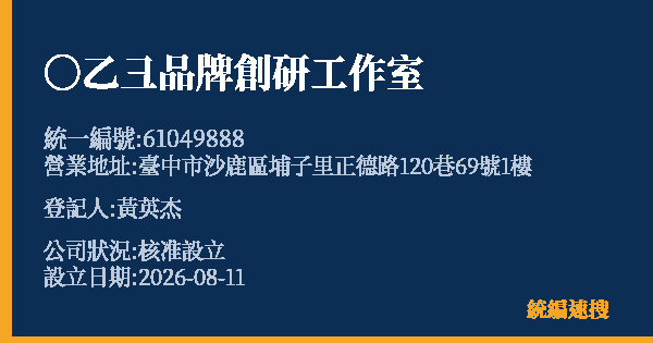 〇乙彐品牌創研工作室的照片-統編 61049888(臺中市) 公司登記資料與營業項目詳細圖表