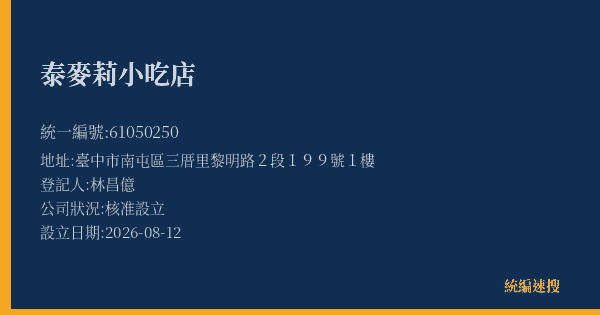 泰麥莉小吃店的照片-統編 61050250(臺中市) 公司登記資料與營業項目詳細圖表