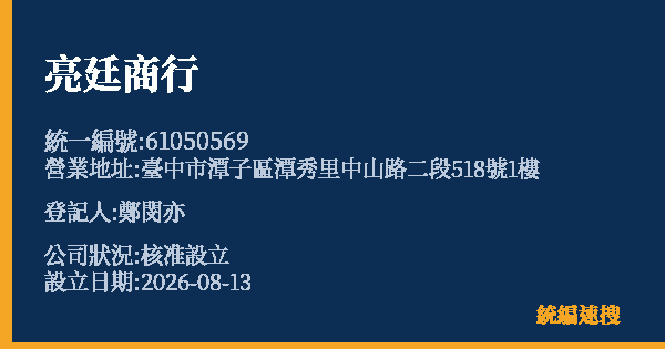 亮廷商行的照片-統編 61050569 公司登記資料與營業項目詳細圖表