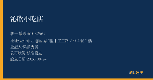 沁欣小吃店的照片-統編 61052567(臺中市) 公司登記資料與營業項目詳細圖表