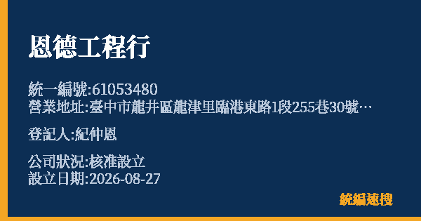 恩德工程行的照片-統編 61053480(臺中市) 公司登記資料與營業項目詳細圖表