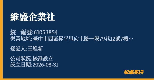 維盛企業社的照片-統編 61053854 公司登記資料與營業項目詳細圖表