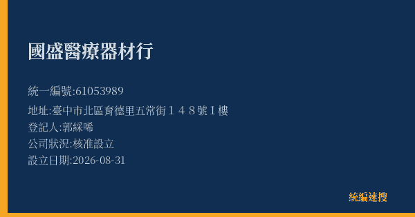 國盛醫療器材行的照片-統編 61053989(臺中市) 公司登記資料與營業項目詳細圖表