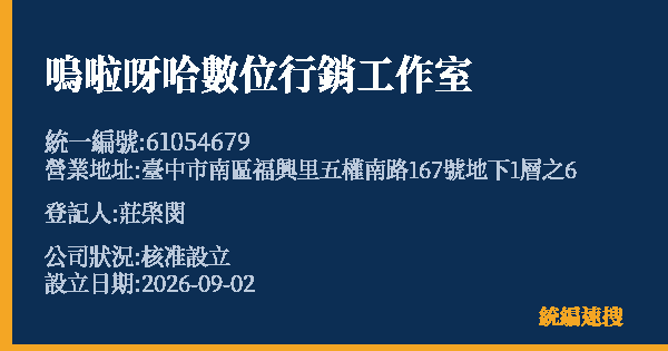 嗚啦呀哈數位行銷工作室的照片-統編 61054679(臺中市) 公司登記資料與營業項目詳細圖表