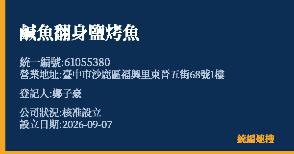 鹹魚翻身鹽烤魚的照片-統編 61055380 公司登記資料與營業項目詳細圖表