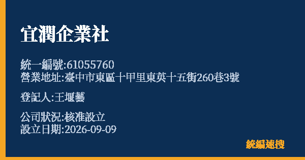 宜潤企業社的照片-統編 61055760(臺中市) 公司登記資料與營業項目詳細圖表
