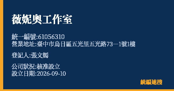 薇妮奧工作室的照片-統編 61056310(臺中市) 公司登記資料與營業項目詳細圖表