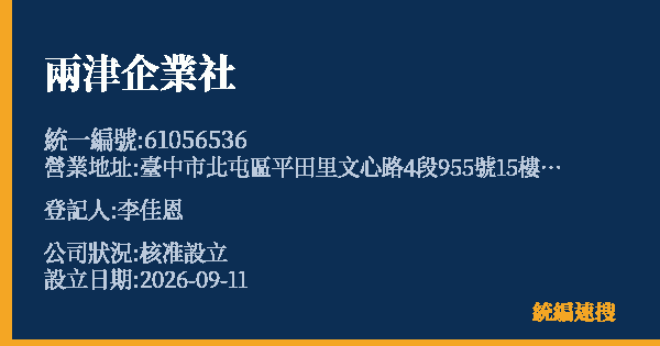 兩津企業社的照片-統編 61056536(臺中市) 公司登記資料與營業項目詳細圖表