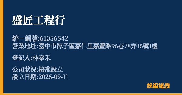 盛匠工程行的照片-統編 61056542(臺中市) 公司登記資料與營業項目詳細圖表