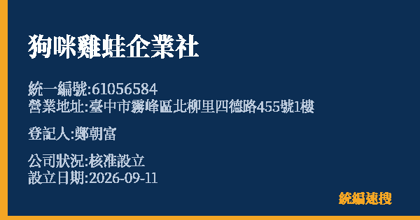 狗咪雞蛙企業社的照片-統編 61056584(臺中市) 公司登記資料與營業項目詳細圖表