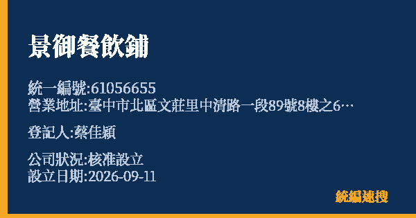 景御餐飲鋪的照片-統編 61056655(臺中市) 公司登記資料與營業項目詳細圖表