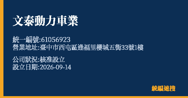 文泰動力車業的照片-統編 61056923(臺中市) 公司登記資料與營業項目詳細圖表