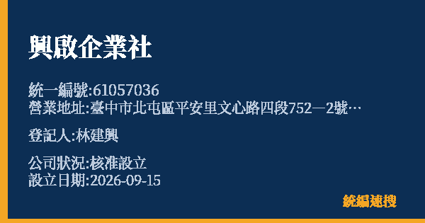 興啟企業社的照片-統編 61057036(臺中市) 公司登記資料與營業項目詳細圖表