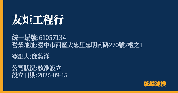 友炬工程行的照片-統編 61057134(臺中市) 公司登記資料與營業項目詳細圖表