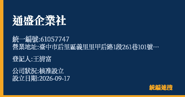 通盛企業社的照片-統編 61057747(臺中市) 公司登記資料與營業項目詳細圖表