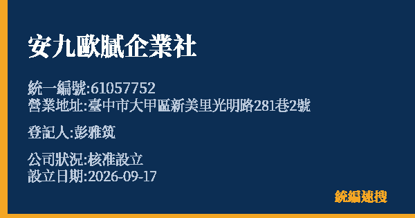 安九歐膩企業社的照片-統編 61057752(臺中市) 公司登記資料與營業項目詳細圖表