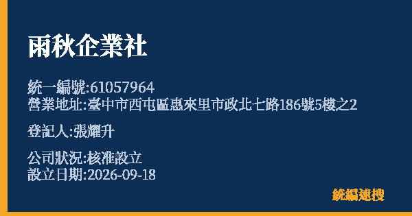 雨秋企業社的照片-統編 61057964(臺中市) 公司登記資料與營業項目詳細圖表