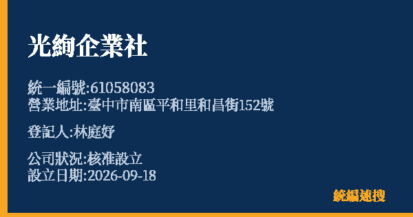光絢企業社的照片-統編 61058083(臺中市) 公司登記資料與營業項目詳細圖表
