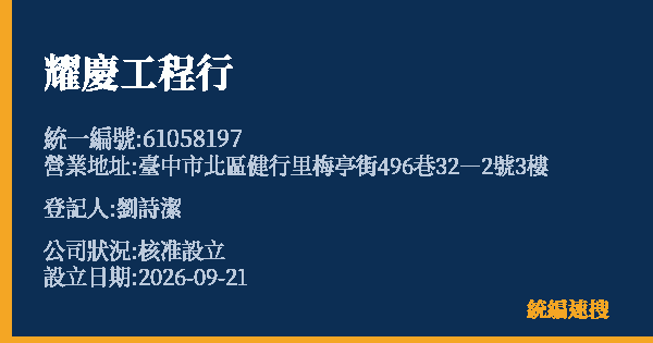 耀慶工程行的照片-統編 61058197(臺中市) 公司登記資料與營業項目詳細圖表